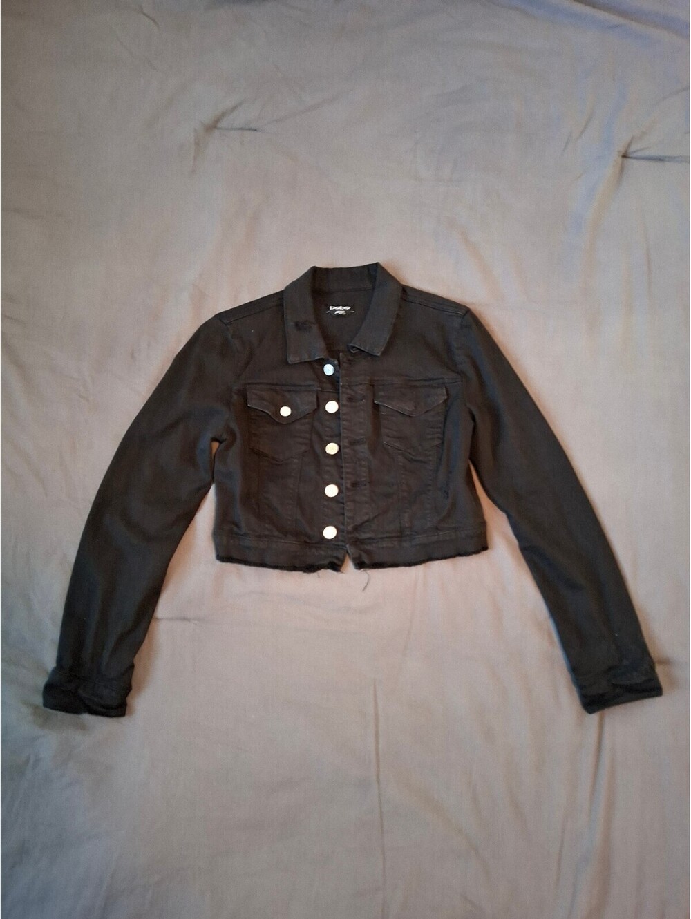 Bebe Black Cropped Denim Jacket Distressed Braided Trim M